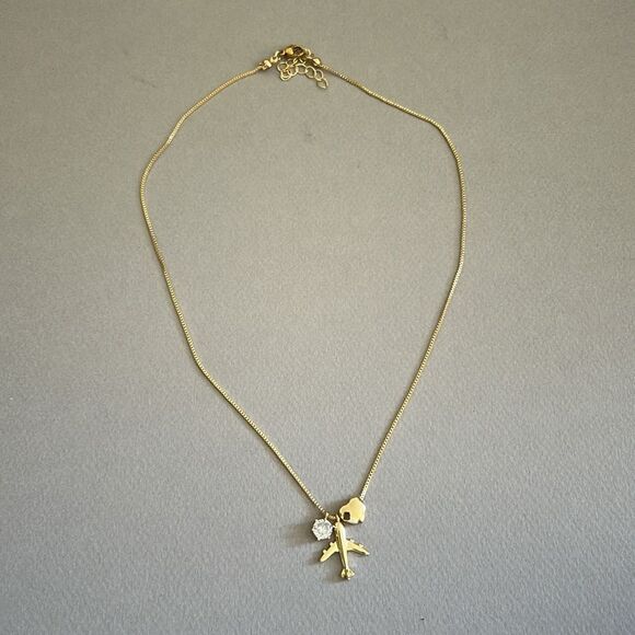 Gold Airplane Pendant Necklace A1306 - Picture 3 of 4